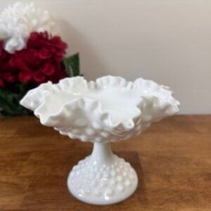 Fenton Hobnail Milk Glass Pedestal‎ Bowl Ruffled Edge Vintage Compote Vase